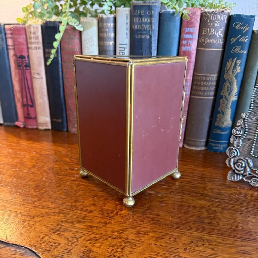 Vintage Glass/Mirrors & Brass Triangular Box with Flowers
